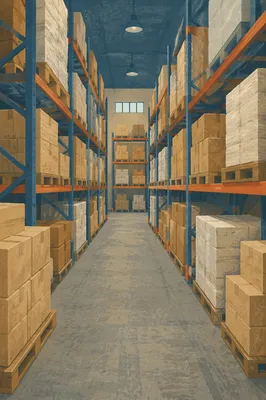 Warehouse Aisle with Shipping Boxes and Pallets