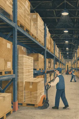 Orderly Warehouse Aisle With Shipping Boxes