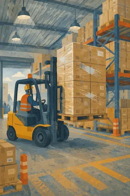 Busy Warehouse Forklift Moving Shipping Boxes