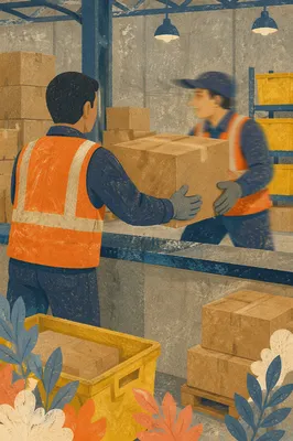 Warehouse Workers Handling Cardboard Shipping Box