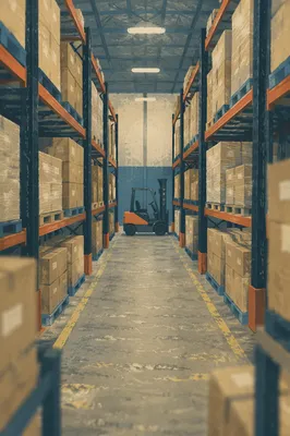 Quiet Warehouse Aisle With Shipping Boxes