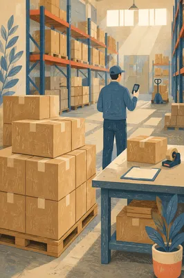 Orderly Warehouse Shipping Boxes and Inventory Scanning