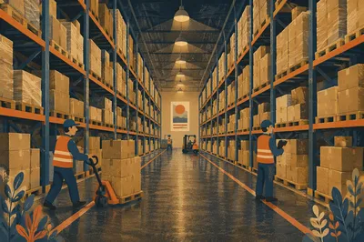 Organized Warehouse Aisle with Shipping Boxes