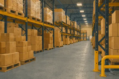 Organized Warehouse Aisle with Shipping Boxes