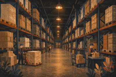 Organized Warehouse Aisle With Shipping Boxes