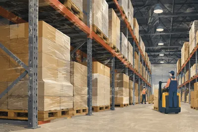 Orderly Warehouse Aisle with Shipping Boxes