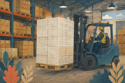 Warehouse Forklift Moving Wrapped Shipping Cartons