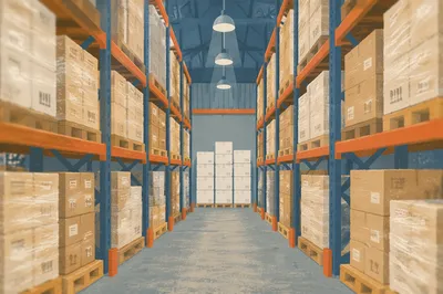 Warehouse Aisle with Shipping Boxes