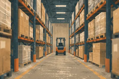 Quiet Warehouse Aisle With Shipping Boxes