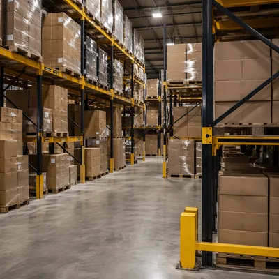 Organized Warehouse Aisle With Shipping Boxes