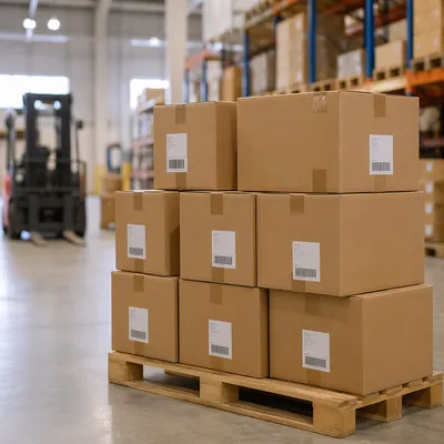 Warehouse Shipping Boxes on Wooden Pallet