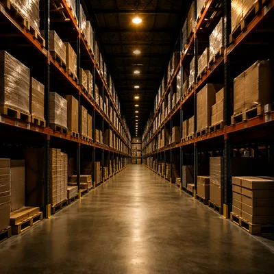 Organized Warehouse Aisle with Shipping Boxes