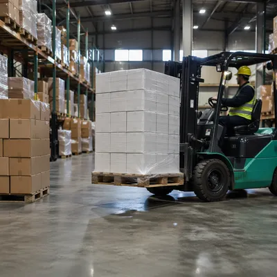 Forklift Moving Pallet in Industrial Warehouse