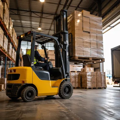 Busy Warehouse Forklift Moving Shipping Boxes