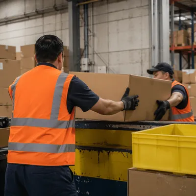 Warehouse Workers Handling Cardboard Shipping Boxes