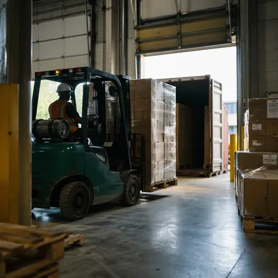 Warehouse Forklift Loading Cardboard Shipping Boxes