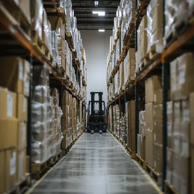 Quiet Warehouse Aisle with Forklift and Boxes