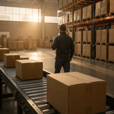 Modern Warehouse Shipping Boxes on Conveyor