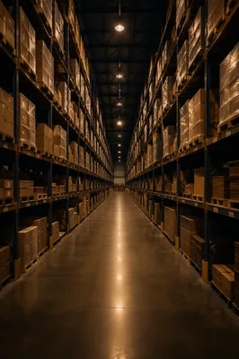Organized Warehouse Aisle with Shipping Boxes