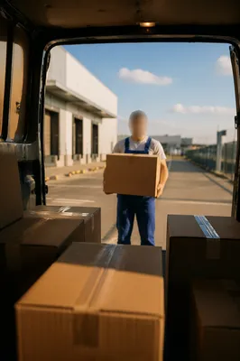 Warehouse Worker Loading Shipping Boxes at Van