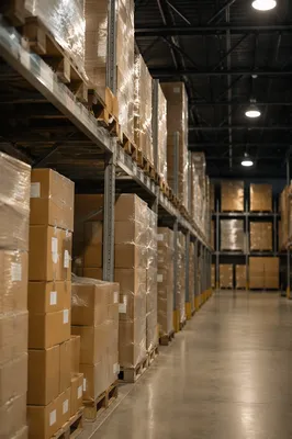 Warehouse Aisle with Shipping Boxes