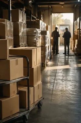 Organized Warehouse Shipping Boxes at Sunrise