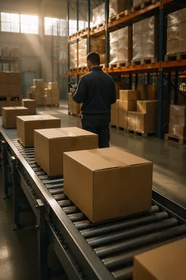 Modern Warehouse Shipping Boxes on Conveyor