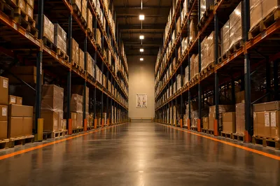 Organized Warehouse Aisle With Shipping Boxes