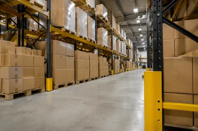 Organized Warehouse Aisle With Shipping Boxes