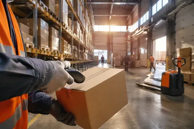 Modern Warehouse Logistics Box Scanning Scene