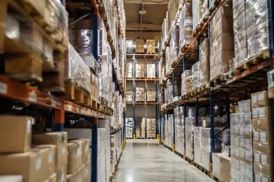 Warehouse Aisle with Shipping Boxes