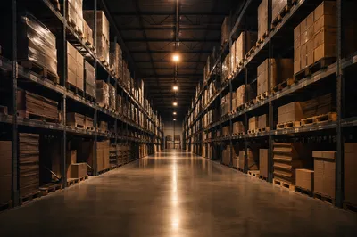 Organized Warehouse Logistics Aisle at Night
