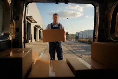 Warehouse Worker Loading Shipping Boxes at Van