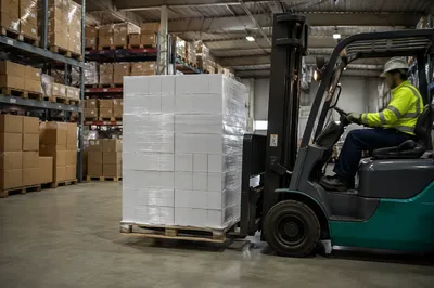 Warehouse Forklift Moving Wrapped Shipping Cartons