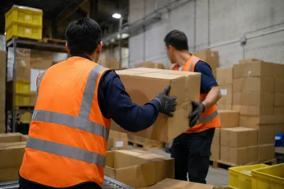 Warehouse Workers Handling Cardboard Shipping Boxes