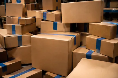 Warehouse Shipping Boxes With Blue Packing Tape