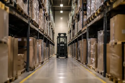 Quiet Warehouse Aisle With Shipping Boxes
