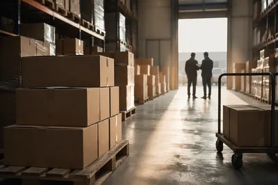 Organized Warehouse Shipping Boxes at Sunrise