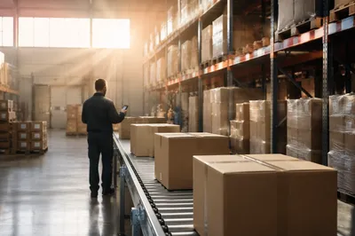 Modern Warehouse Shipping Boxes on Conveyor