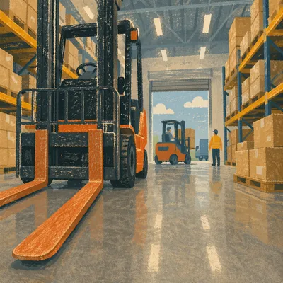 Busy Warehouse Forklift and Shipping Boxes