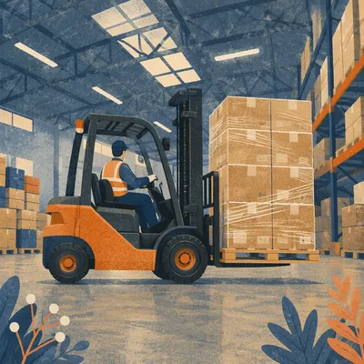 Busy Warehouse Forklift Moving Shipping Boxes