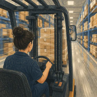 Forklift Operator Moving Boxes in Warehouse