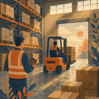 Warehouse Forklift Moving Shipping Boxes at Dawn
