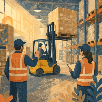 Warehouse Workers Coordinating Forklift Box Shipment