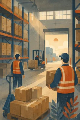 Warehouse Forklift Moving Shipping Boxes at Dawn