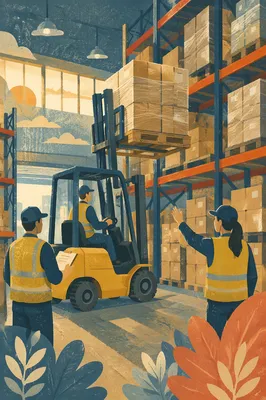 Warehouse Forklift Moving Shipping Boxes at Sunrise