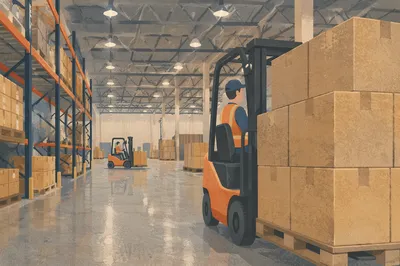Forklift Moving Shipping Boxes in Warehouse