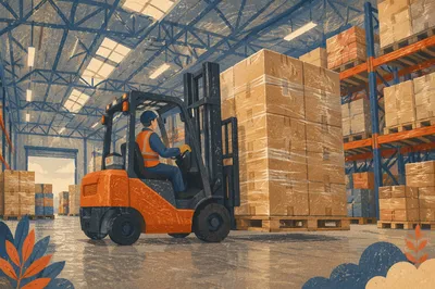 Forklift Moving Shipping Boxes in Warehouse