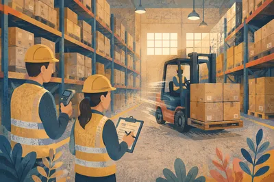 Warehouse Forklift Moving Shipping Boxes at Dawn