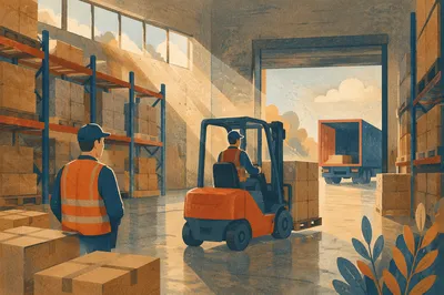 Warehouse Workers Loading Boxes with Forklift